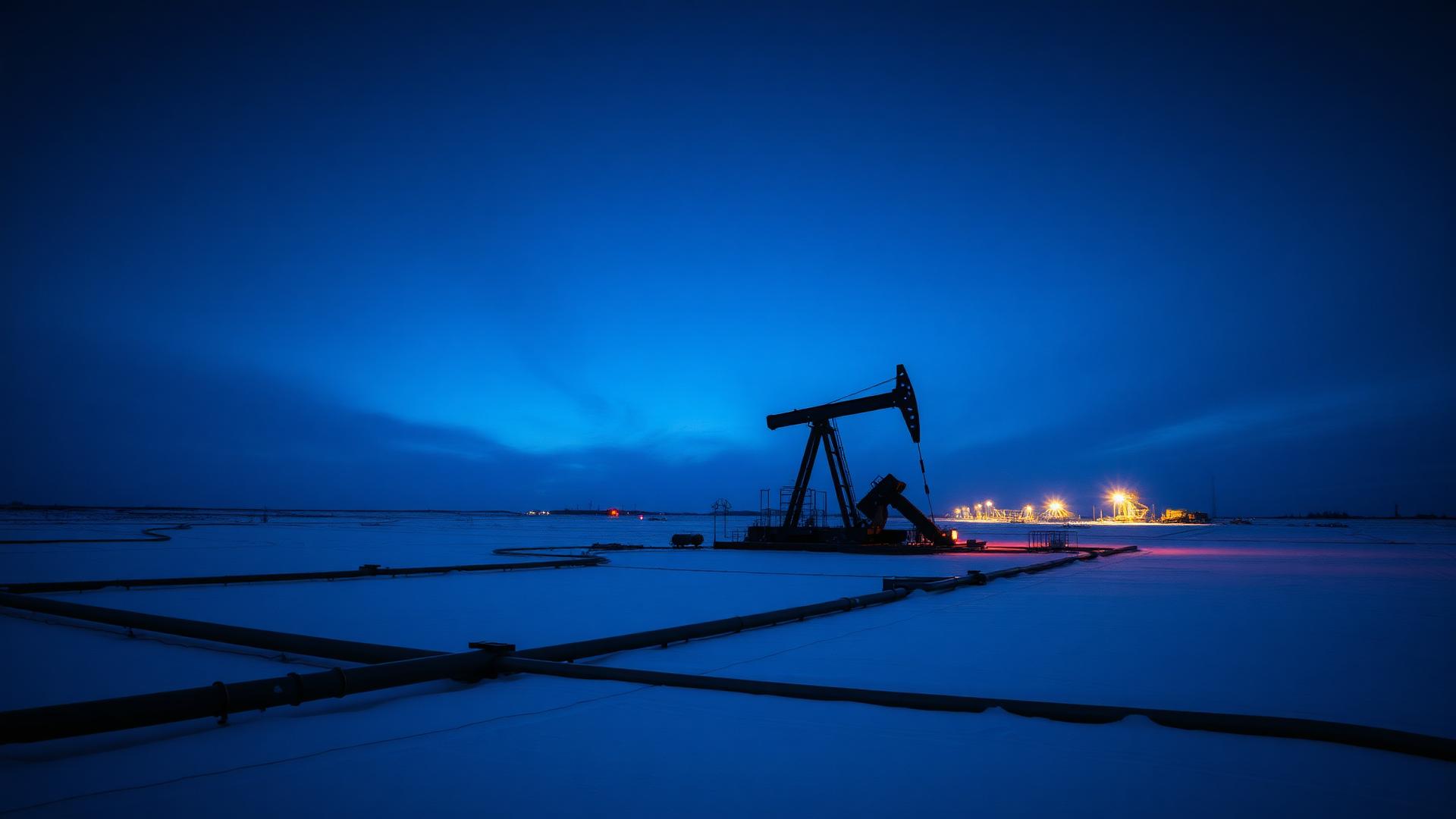 Кустовая площадка нефтяных скважин в сумерках